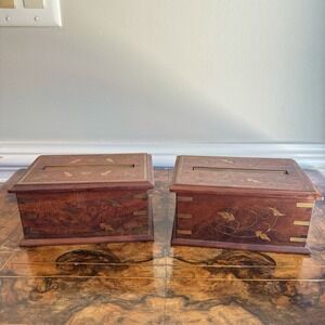 Vintage Brass Inlaid Wood Dispenser Boxes Marquetry Style – Pair w/ Sliding Lids